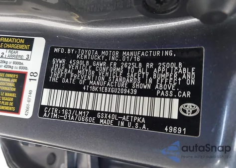2016 Toyota Avalon Limited z USA, uszkodzony, nr VIN 4T1BK1EBXGU209439